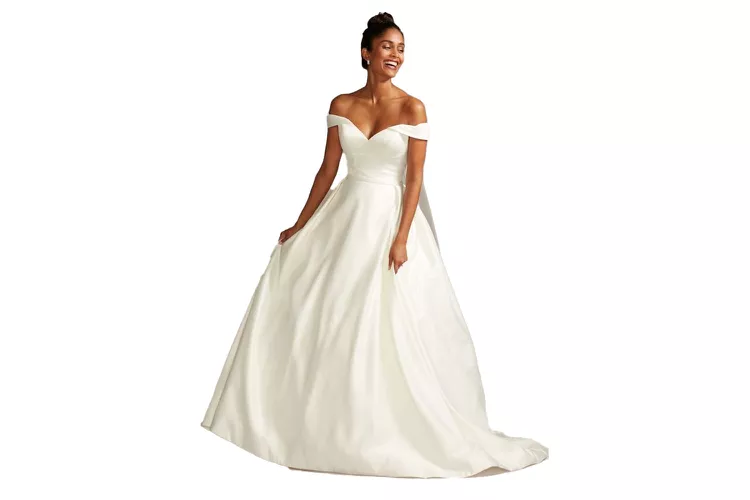 davids bridal collection off shoulder satin gown wedding dress d9581860cc004fa690c44958165f5530